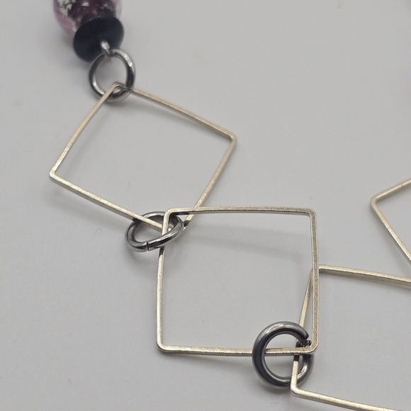 Handmade Geometric Beaded Necklace Silver Tone Square Links Boho Artsy - Picture 2 of 9